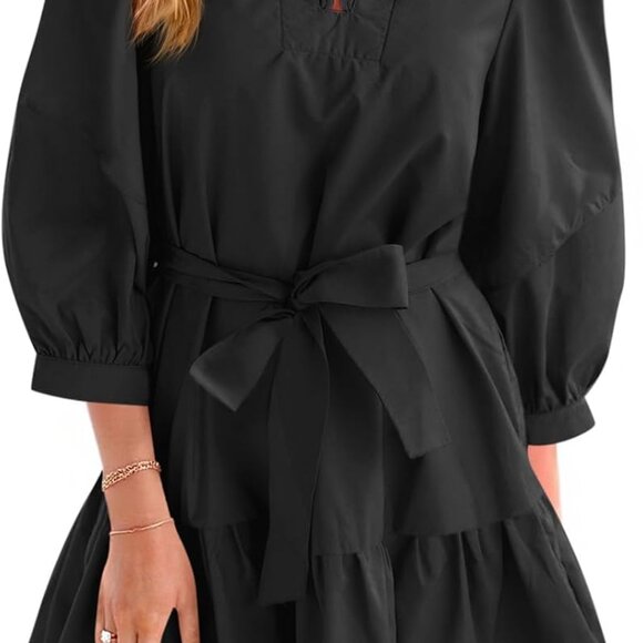 Womens Mini Dress Cotton Polyester V-Neck Puff Sleeves A-Line Casual - Picture 1 of 6